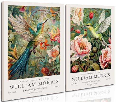 Dytila William Morris Wall Art Set of 2 - Vintage Flower Botanical Pictures Wall Decor Bird Aesthetic Paintings, Canvas Prints for Bedroom Living Room, Hallway, Home Office Decor 16x24 in Framed