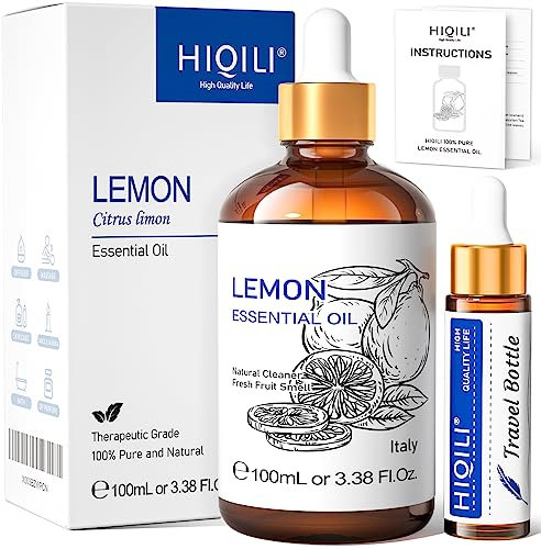 HIQILI Aceite Esencial De Limón 100 Ml, Limpieza Del Hogar, Purificación Del Aire, Cuidado De La Piel, Se Puede Añadir A Limpiadores, Sprays Y Lociones Corporales Uso - 3.38 Fl Oz