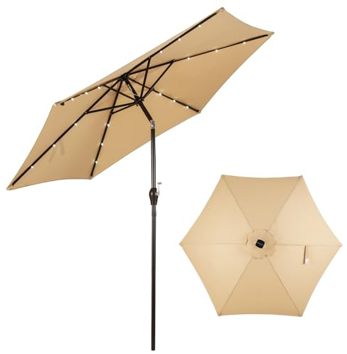 KOMFOTTEU Sonnenschirm 300 cm mit LED & Kurbel, Gartenschirm knickbar, Terrassenschirm Marktschirm aus Polyestergewebe, Ampelschirm für Oudoor Sonnenschutz (Beige)