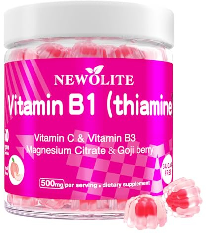 NEWOLITE Vitamin B1 Gummies Chewable Thiamine 500mg & Vitamin B3 & Vitamin C,Sugar Free - Non GMO,Vegan,Natural Peach Flavor - Thiamine B1 Supplement for Adults & Kids