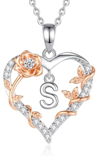 EUDORA Harmony Ball Rose Heart Initial S Necklace for Women Letter S Alphabet Initial Necklaces Copper Rhodium Plated Pendant with Cubic Zirconia, Initials Jewelry Gifts for Women Wife 18
