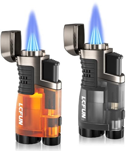 2 Pack Triple Jet Flame Lighter, Windproof and Gas Refillable, Butane Torch Lighter for BBQ, Camping, Outdoor and Candles, Gifts for Him Men (Without Gas) (Black & Orange)