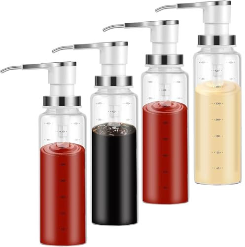 Tiwiche Sauce Pump Dispensers, Coffee Syrup Dispenser, 500ml Glass Bottle with Stainless Steel Pumps, Leak-Proof, Food Grade Pumps for Honey, Syrups, Oil, Condiments, Salad Dressings (4x Units)