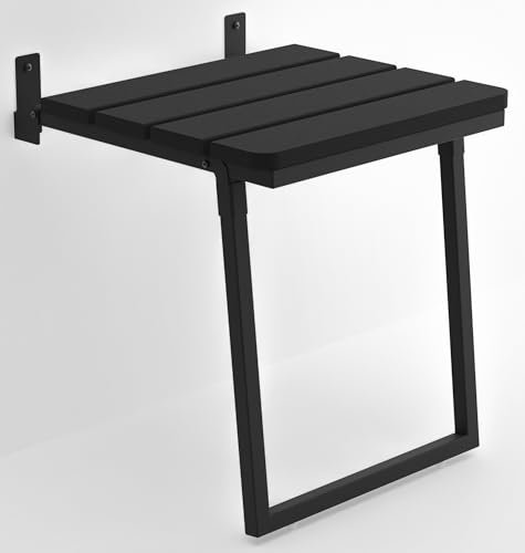 violet art home Folding Wall Mounted Teak Wood Shower Seat with Legs, ADA Compliant Durable Bath Bench, Sturdy Space-Saving Bathroom Stool, Easy Folding Handmade Compact Chair (Black, Medium)