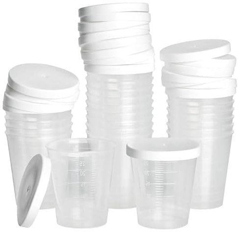 50 mini bicchieri con coperchio · 30 ml con scala di quantità · bicchierini da liquore · bicchieri per medicinali · bicchiere miscelatore · dosatore · bicchiere per assortimento