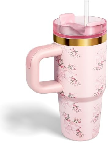 Bestaa 14oz Tumbler mit Griff und Stroh, Tumbler mit Deckel und Stroh, 304 Edelstahl, Schule Sport im Freien (Rosa Fliege)
