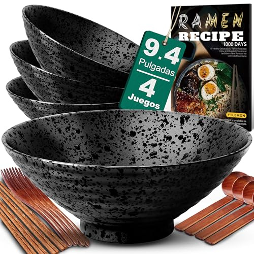 9.4Inch Ceramic Ramen Bowl Set of 4 (17 Piece) - Porcelain Japanese Salad Noodles Cereal Fruit Pasta Soup Large Bowls with Recipes Chopsticks Forks Spoons for Men Women Gift Microwave Dishwasher Safe