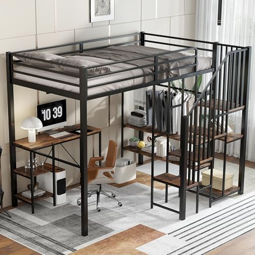 Cama de hierro de 120 x 200 cm, litera, armario de esquina con espacio de almacenamiento, cama de metal con mesa y estante de almacenamiento, armario abierto, hierro+MDF, cama alta para niños y