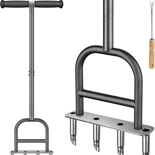 Inoamity Aireador Manual de Césped 4 Agujeros con Bandeja - Acero Inoxidable Aireador de Púas Huecas, Palanca 93cm para Jardín y Paisajismo, Extracción Limpia de Núcleos