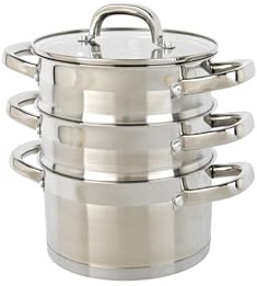 Salter Timeless 3 Tier Steamer – 18cm Stainless Steel Stackable Cooking Pots, Includes Handles & Tempered Glass Lid, Non-Stick, Vegetable Steaming Pans, Induction Hob Suitable, Dishwasher Safe