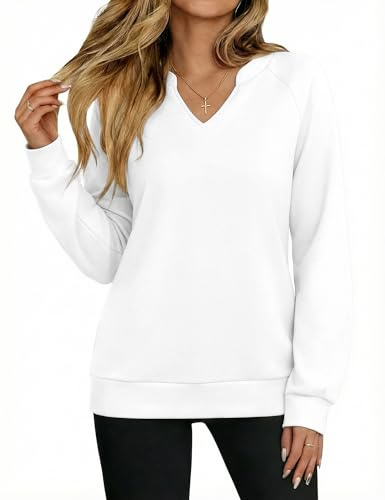 Aottori Sudadera Mujer sin Capucha Algodon Manga Larga Cuello en V Jersey Oversize Sudaderas Informal Color Liso Blanco L