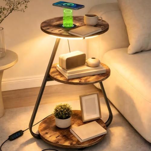 ARTETHYS Side Table, Small Round Coffee Table with Wireless Charging | 3 Color LED Lights, Bedside Sofa Side Tables for Living Room, 3 Tier Storage Shelves, End Tables with Adjustable Feet
