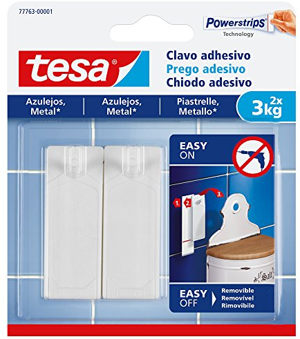 Tesa Chiodo Adesivo per Piastrelle e Metallo 3 kg - Gancio Adesivo Forte per Superfici Lisce in Bagno e in Cucina - Chiodo Biadesivo con Capacità di Peso fino a 3 kg