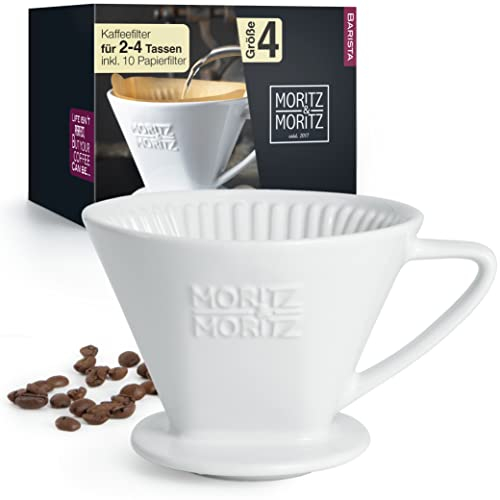 Moritz & Moritz Coffee Dripper Ceramic Size 4 – Perfect Pour Over Coffee – Classic White Porcelain Filter Cone for Rich Aroma
