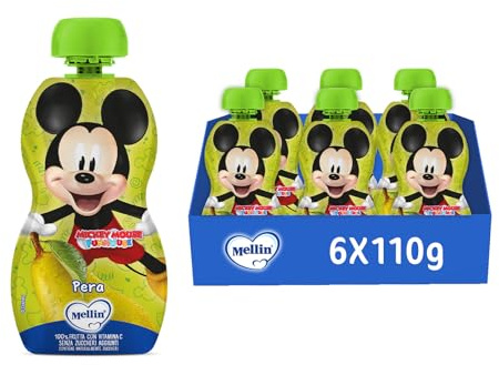 MELLIN Merenda alla frutta, Pouch Disney Mickey Mouse, 100% Frutta, gusto Pera 110g -6 Confezioni da 110g