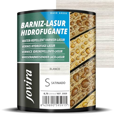 JOVIRA PINTURAS BARNIZ-LASUR Hidrofugante Protector Satinado al Agua. Protege, decora y embellece todo tipo de madera con efecto perlado. (750 Mililitros, Blanco) E-30