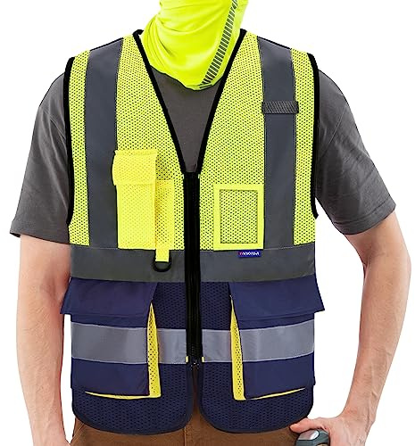 Chaleco de seguridad verano Reflectante Alta visibilidad Ropa de trabajo Cremallera Multibolsillos Amarillo Azul marino