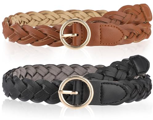 Amaxiu Lot de 2 ceintures tressées en cuir synthétique pour femme, fines sangles tissées avec anneau en O, ceinture pour robe, jean, jupe, pantalon, Noir/marron, multi-size