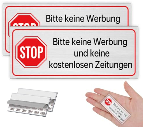 2 Stück Keine Werbung Aufkleber Schild Briefkastenschild Selbstklebend - Stop Bitte keine Werbung und kostenlose Zeitungen [65x25mm, 100% Alu, 3M Tape] - Bitte keine Werbung Aufkleber Schild