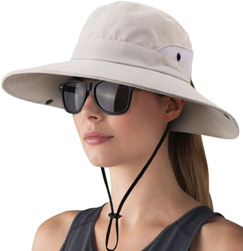 DRESHOW Femme Soleil Chapeau l'extérieur UV Protection Pliable Large Bord Pêche à Cheval Queue Chapeau UPF 50+ avec Lunettes