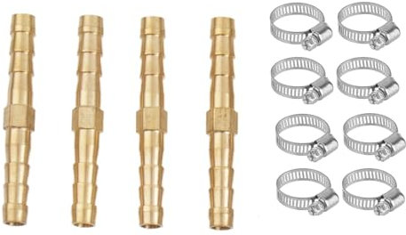 4 Pack 8mm Brass Barb Hose Fitting Straight Connector Coupler, Air Hose Connectors Hose Repair Kit, 2 Way Straight Air Hose Fittings with 6-12mm 8 PCS Stainless Steel Pipe Clamps