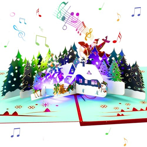 3D pop-up julkort med musik och ljus – festkort med jultomten, flygplan, renar och vinterlandskap – unikt julkort för familj, vänner och nära och kära, med kuvert