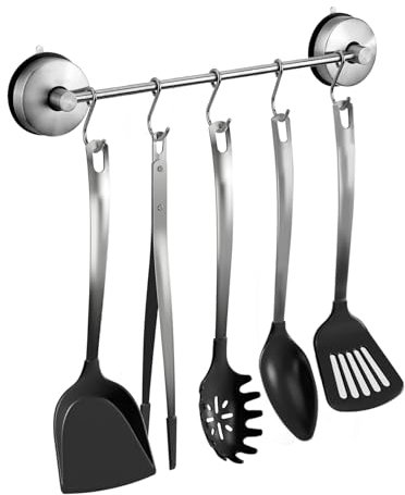 Poywaze Porte-ustensiles de cuisine à ventouse avec 5 crochets, en acier inoxydable SUS 304, ne rouille pas, pas de perçage, crochets amovibles et réutilisables pour salle de bain