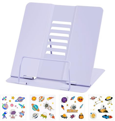 MINISOISO Atril Metálico para Libros, Soporte Libro para Leer con 6 Alturas Ajustables, Soporte de Lectura de Metal Plegable para Tableta, Música, Libro de Recetas, Cocina, Oficina, Púrpura