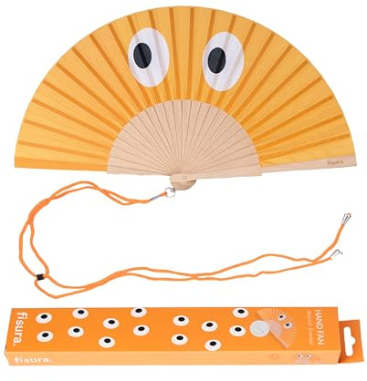 Fisura – Handfächer aus Holz mit auffälligem Augenmuster in Orange. Moderner, farbenfroher Handventilator mit stilvollem Design und praktischem Aufhänger. Maße: 42,5 x 23 cm