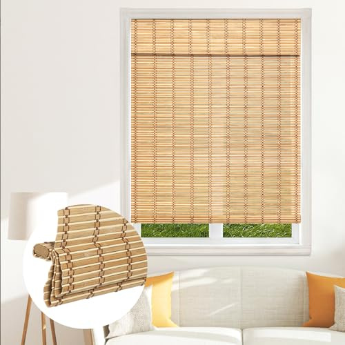 SEEYE Cordless Bamboo Blinds Shades, Light Filtering Bamboo Roller Shades Natural Roman Blind Shade, Roll Up Blind for Windows, Easy to Install for Door, Bedroom, 46 W x 64 H,Natural