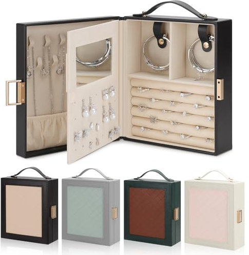 DesignSter Scatola Portagioie, Scatola Porta Gioielli Portatile con Specchio, Portagioie da Viaggio con Maniglia per Anelli, Orecchini, Bracciali e Collane, Nero, Marrone e Albicocca
