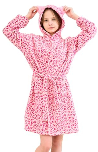 Piefry Gatti Accappatoio per Ragazze Vestaglie in Morbido Pile con Cappuccio e Orecchie di Gatto (Rosa Leopardato, 5-6 anni)