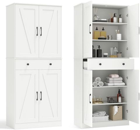 COSTWAY Küchenschrank hoch, 183 cm, Vorratsschrank mit 4 Türen, Schublade & 3 verstellbaren Regalen, Mehrzweckschrank modern, Hochschrank Buffetschrank, für Küche Wohnzimmer Esszimmer (Weiß)