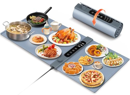 Chauffe Plat Électrique à 3 Zones Indépendantes 101×43 cm, Plaque Chauffante Électrique avec 17 Niveaux de Température et Minuterie 1–6 h, Chauffe Assiette en Silicone Enroulable pour Buffets et Fêtes