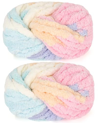 Reessy Chunky Yarn for Hand Knitting, 2×250g Super Chunky Wool Yarn Set, Soft Thick Wool Plush Yarns, Fluffy Thick Rainbow Yarns for Craft Knitted Blanket Pet Bed Mats Sofa Mats-Rainbow