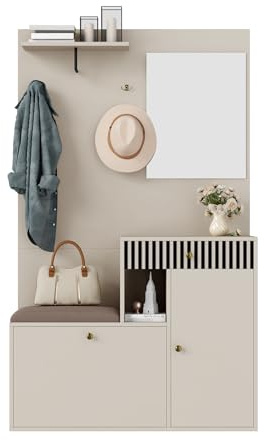 Bladez Ensemble vestiaire avec miroir, garde-robe de couloir, banc rembourré, armoire à chaussures et crochets, 110 x 185,5 x 37 cm, meuble d'entrée compact (beige + crème)