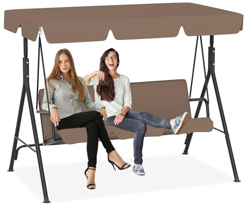 PEILU 193 x 110 x 152 cm hollywoodgungor med soltak och sittdyna och stålram, 3-sitsig trädgårdsgungbänk som varar upp till 200 kg, gungbänk, trädgårdsfåtölj för utomhus och inomhus (brun)