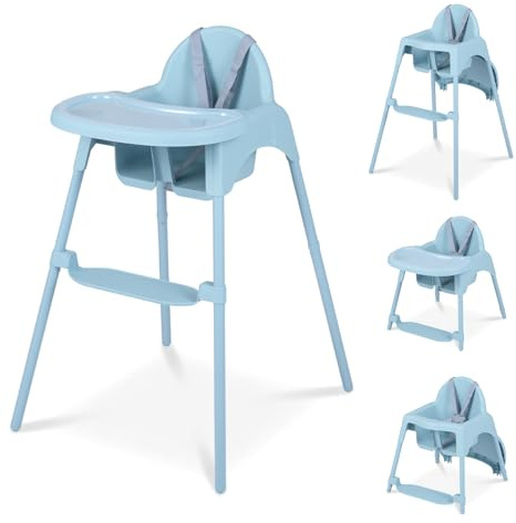 COSTWAY High Chair for Babies and Toddlers, 4 in 1 Convertible Baby Highchair with 2 Heights, Removable Double Tray, 5-Point Harness & Reversible Footrest, Infant Feeding Chair for 6-36 Months (Blue)
