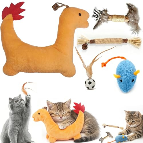 Rliocvhe 5 Pezzi Giocattolo per Gatti, Erba Gatta, Peluche Drago Fuoco e Topolino con Piuma, per Mordere, Masticare, Caccia e Coccole Fuoco Peluche Cuscini per Pulizia dei Denti Coccolare e Giocare