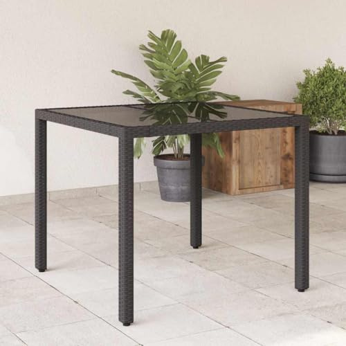 VIHHQGC Outdoor Glass Top Table for Patio with Tempered Glass Top Garden Table Set and Weather-Resistant Outdoor Dining in Black Poly Rattan