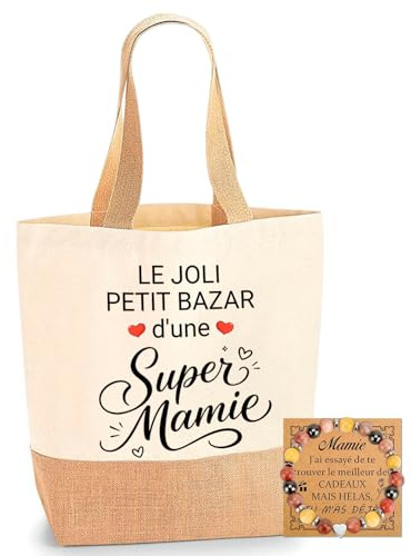 AHEZQILU Sac Mamie Cadeau Grand Mere - Cabas Toile et Jute Super Mamie avec Bracelet, Idée Cadeau Fête des Grands Mères, Anniversaire, Noël, Fourre-tout Pratique et Chic pour Femme