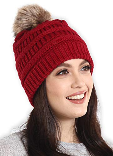 Brook + Bay - Beanie Hats for Women, Pom Pom Hat Soft Chunky Knit Beanie for Cold Weather, Stocking Cap for Women Winter Hats Maroon