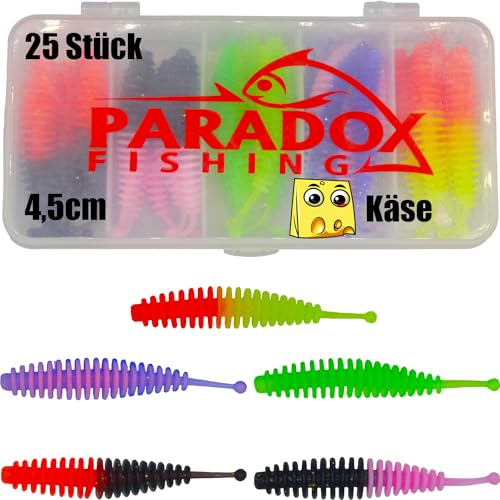 Paradox Fishing Lot de 25 appâts en caoutchouc pour truite - 5,5 cm - Avec boîte de 25 pièces - Appâts UV en caoutchouc - Pour truite - Pêche - Spoons - Pâte à truite (fromage)