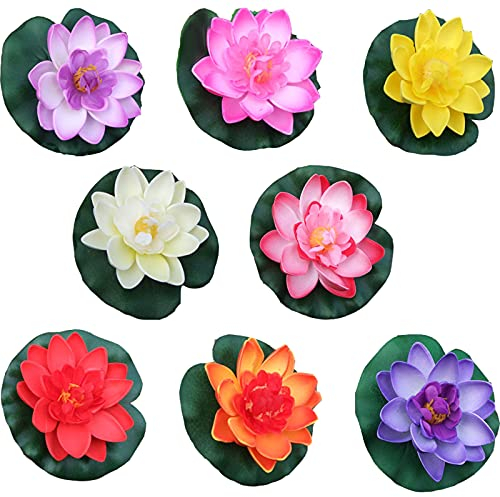 Floatdream 8 Stücke Schwimmender künstlicher Lotus, Schwimmende Blumen, Seerose Blume Dekor, für Verwendet in Pools, Aquarien, Bachszenen (8 Farben)