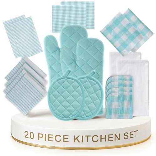 LANE LINEN Kitchen Towels and Dishcloths Sets - 20Pc Kitchen Towel Set, 350 Degree Heat Resistant Oven Mitts & Pot Holder, Reusable Absorbent Dish Cloths for Washing Dishes - Aqua