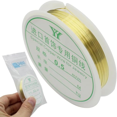 TAOSHENG 0.5mm Jewellery Copper Wire Roll, 5M Length 25 Gauge Craft Beading Brass Cord Tarnish Resistant Copper Wire for Jewelry Making Supplies and Crafting, Gold 1 Roll