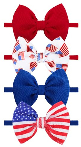 Lanmerry 4th of July Baby Headband Set - Patriotic Hair Bows and Nylon Headband for Newborns and Toddler Girls - 4Pcs Red American Flag Design