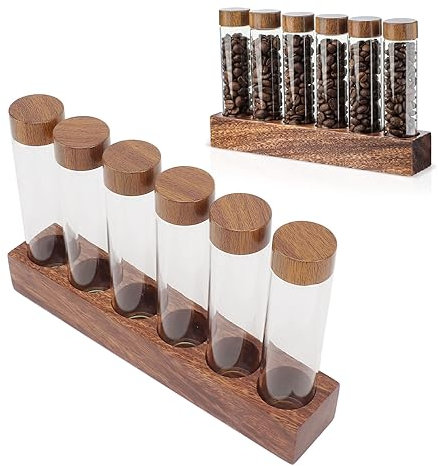 Ejoyous Tubes de Stockage de Grains de café avec Support en Bois de Noyer, Tubes de Cave à café Portatifs à Dose Unique pour Récipient de Grains de café pour Garde-manger de Bar de Vente