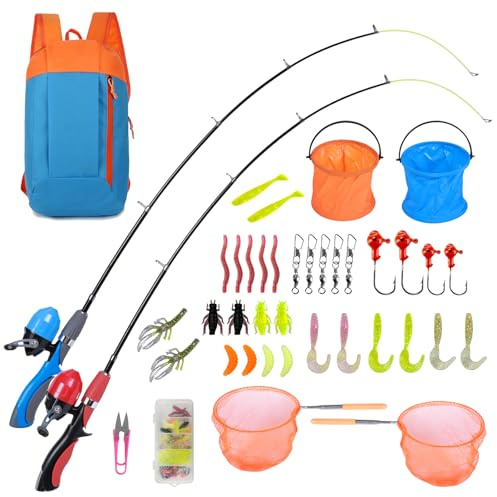 Urban Deco Kids Fishing Pole Kit 2 Pack, Portable Telescopic Kids Fishing Rod with Tackle Box, 2 Fishing Net and 2 Bucket for Beginners, Boys,Girls,Youth