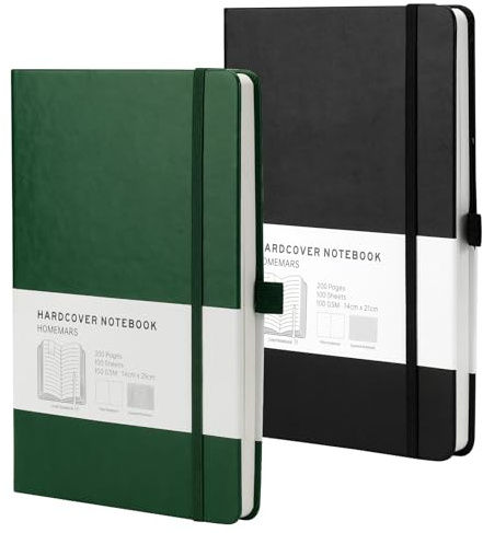 HOMEMARS Cuaderno A5, Rayado,200 páginas, 100 g/m Diario, A5 Notebook, Journal, Verde Negro, Papel grueso de primera calidad,Paquete de 2, Cuero, Tapa Dura, Lazo Para Bolígrafo,Perfecto para oficina